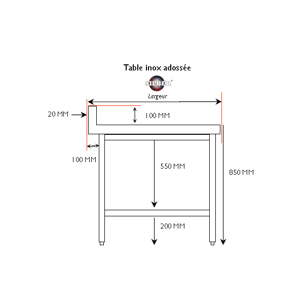 Table inox adossée 2000x700x850 mm SILBER