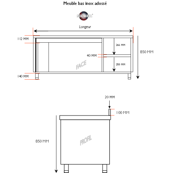 Meuble bas inox adossé 1600x700x950 mm SILBER